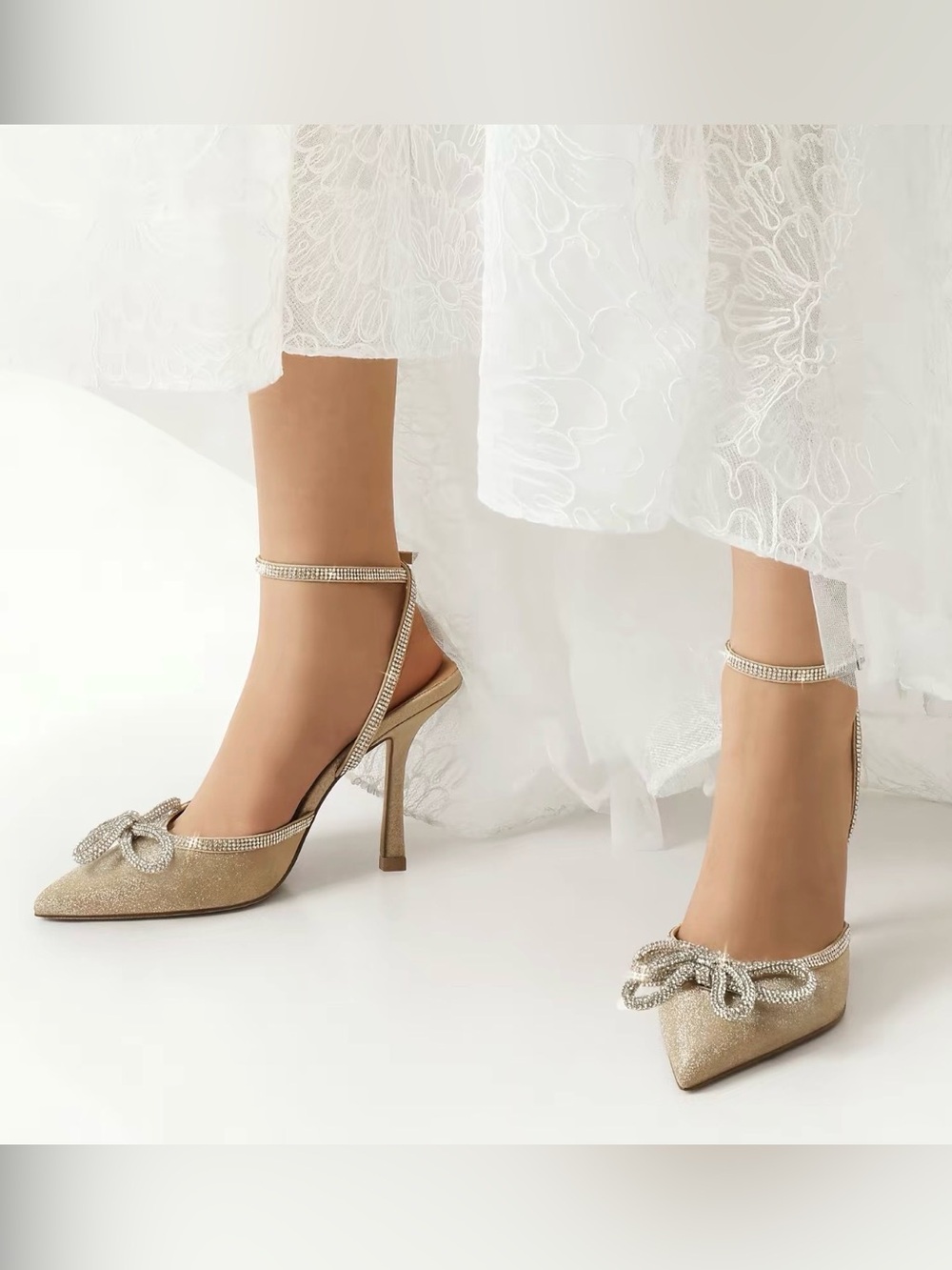 Dream Pairs Rhinestone Elegant Crystal Bow Ankle-Strap Pointed Pumps in Gold 7